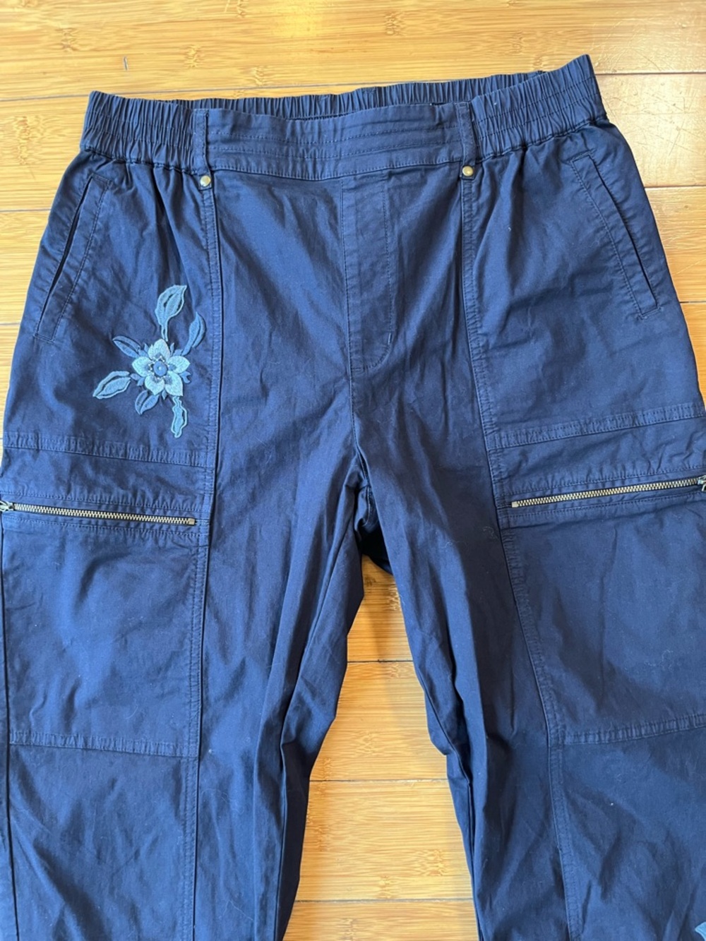 Soft Surroundings Navy Floral Embroidered Cargo Joggers - Picture 3 of 14